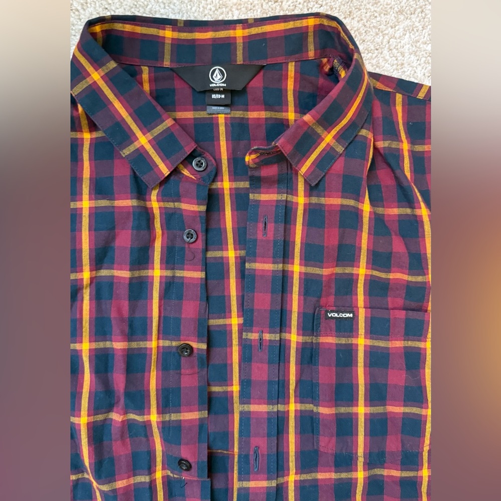 Volcom Men’s Maroon Plaid Button-Down Shirt with Navy & Yellow Stripes